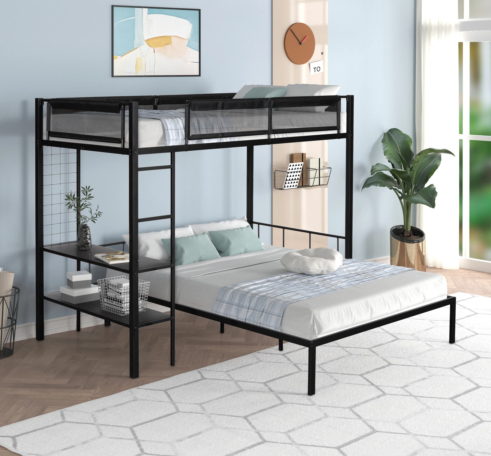 Modern Metal Twin over Full Bunk Bed Frame Wooden 